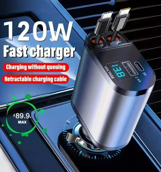 120W 4 in 1 Fast Retractable Car Charger with Dual Type C Cords, Car Accessories Car Chargers for iPhone 16 15 14 13 12 Galaxy Pixel